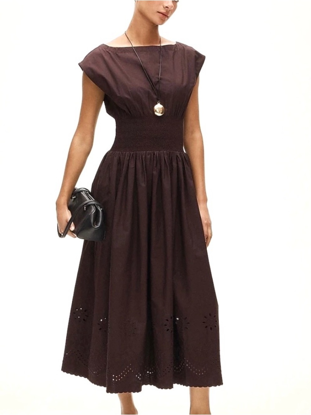 NWT J.Crew Smocked Eyelet Hem Cotton Poplin Midi Dress M Chocolate Berry $178